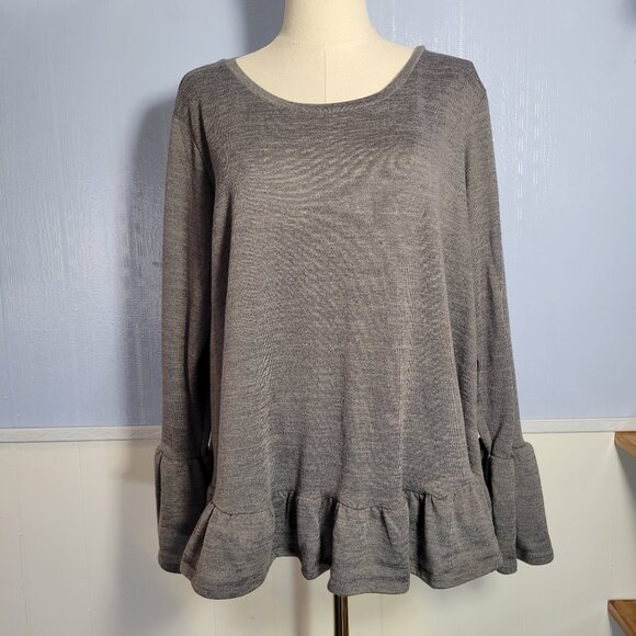 DG2 1X Dark Gray Round Neck Ruffle Hem Longsleeve Lightweight Blouse - Picture 1 of 10